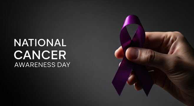 Hand holding a purple ribbon, symbol of national cancer awareness day, against a dark background with text on left - Powered by Adobe