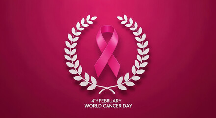 Pink awareness ribbon encircled by a white laurel wreath, with text 4th february world cancer day on magenta background