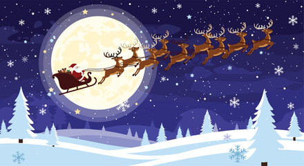 Santa's magical midnight ride with reindeer across the snowy winter wonderland, full moon and twinkling stars bringing holiday cheer