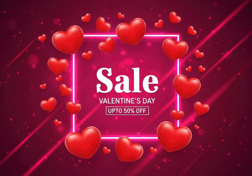 Valentine's day sale advertisement with numerous red hearts surrounding a neon frame on a vibrant pink background