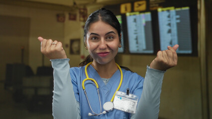 Young woman doctor in blue scrubs with stethoscope shows spending money flick gesture in airport terminal; playful confidence.