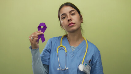 Woman doctor holding purple ribbon over isolated yellow background wearing uniform and stethoscope.