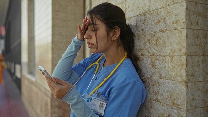 Young woman doctor in blue scrubs and stethoscope holds smartphone with both hands on street...