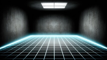A dark, minimalistic room with glowing grid lines on the floor and a bright window above, creating a futuristic and abstract atmosphere.