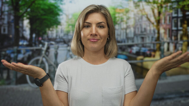 Woman with blonde hair gestures with open palms on a street in amsterdam outdoors under building facades; uncertainty.