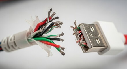 Damaged USB cable shows exposed wires against white background, USB cable damaged in an accident. Damaged cable reveals internal wiring, colorful strands, and frayed plastic.