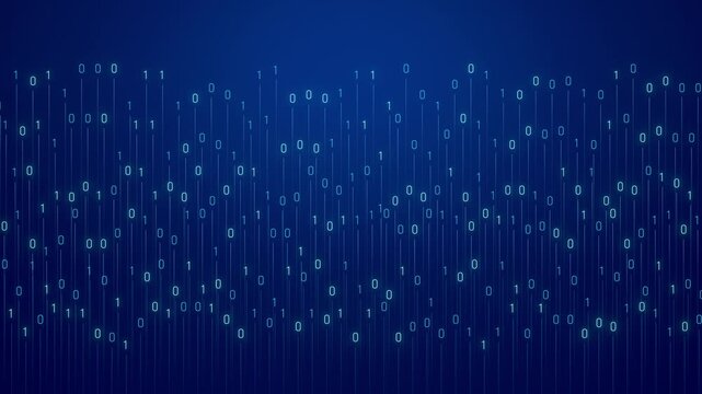 Abstract binary code moving up and down agains blue background. Digital, technology, data, encryption, process. 3D animation
