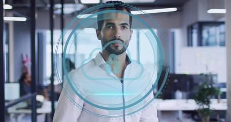 Man reading paper and causing cybersecurity HUD forming rings, scanning chest, verifying access - Powered by Adobe