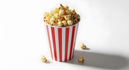 Classic striped container filled with freshly popped popcorn, a delicious snack for entertainment viewing