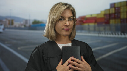 Blonde woman judge stands wearing glasses holding book with clasped hands on street; authority justice leadership.