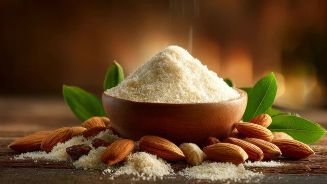 A Wooden Bowl Overflowing with Almond Flour Surrounded by Whole Almonds and Green Leaves on a Rustic Wooden Surface with Soft Bokeh Background Lighting