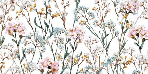 Delicate watercolor floral pattern with soft pastel colors and a whimsical airy feel