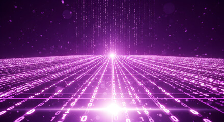 Futuristic abstract purple background with streaming digital binary code and matrix grid