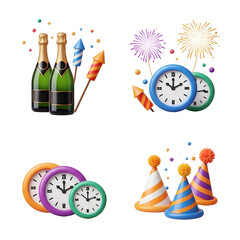 Celebration icons including champagne bottles, fireworks, clocks, and party hats, perfect for New Year's and festive events
