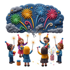 3D illustration of six children celebrating with party hats holding sparklers and watching colorful fireworks in the night sky, perfect for birthday parties