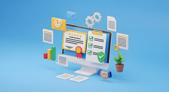 Comprehensive digital workflow management concept shown on a desktop computer screen with floating icons and elements - Powered by Adobe