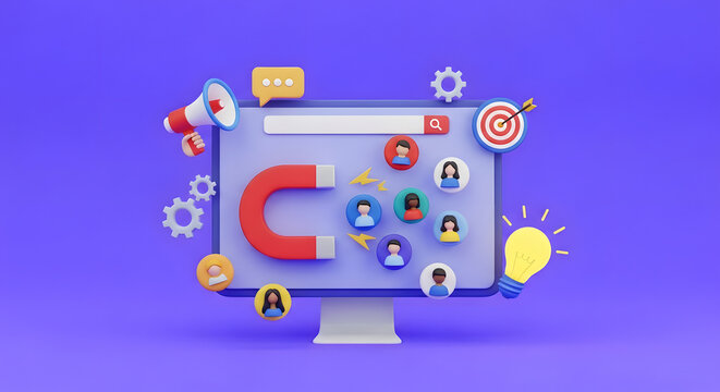 Computer monitor showing a magnet attracting diverse user avatars, symbolizing online marketing strategy and lead generation