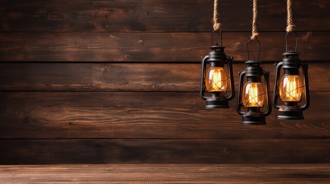 Three vintage lanterns hang from ropes against a rustic wooden background, creating a warm and inviting ambiance. - Powered by Adobe