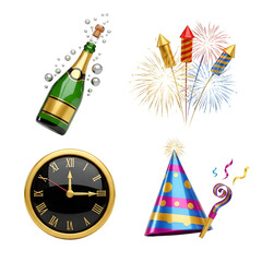 Champagne bottle popping, colorful fireworks, clock showing midnight, and festive party hat with noise maker, perfect for New Year celebrations
