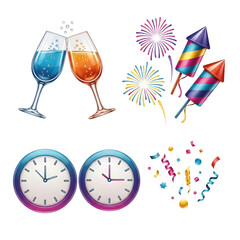 Festive celebration elements with clinking wine glasses, fireworks, party rockets, clock showing midnight, and colorful confetti, perfect for New Year's Eve events