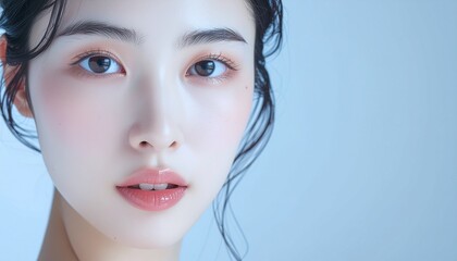 日本人, 超リアル, 美しい若い女性, 顔クローズアップ, 欠点のない肌, 輝く肌質, ナチュラルメイク, 柔らかなライティング, 美容CM風, シネマティック, カメラ目線, 高解像度, Japanese, ultra-realistic, beautiful young woman, face close-up, flawless skin, glowing complexion	
