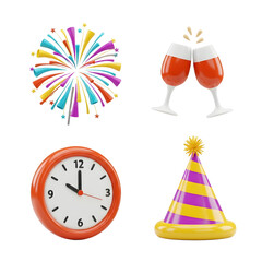 Colorful fireworks, clinking wine glasses, a clock showing midnight, and a striped party hat set, perfect for New Year celebrations