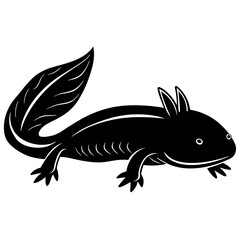 Black axolotl silhouette with white eyes and gills