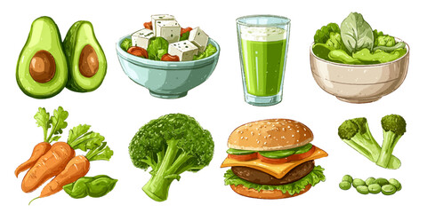 Collection of fresh healthy food items including avocado smoothie and salad for a balanced diet