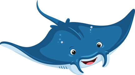 Cute blue stingray cartoon character swimming, happy manta ray vector illustration, funny sea animal mascot for kids education and ocean nature design.