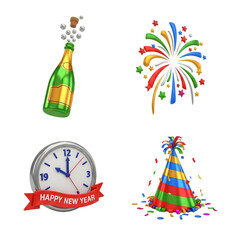 New Year celebration icons with champagne bottle, fireworks, clock showing midnight, and party hat with confetti, perfect for holiday and festive designs