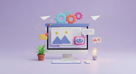 Desktop computer screen displaying web elements with floating gears, a plant, and a glowing lightbulb