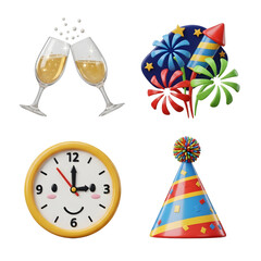New Year celebration icons with champagne glasses, fireworks, clock, and party hat perfect for holiday and festive event designs