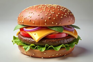 Juicy cheeseburger with fresh toppings and sesame seed bun