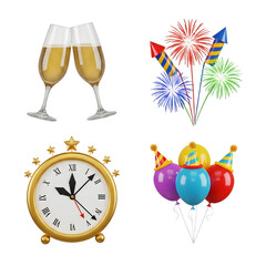 New Year celebration icons with champagne glasses, fireworks, party balloons, and clock striking midnight, perfect for holiday and festive greetings