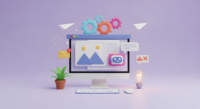 Desktop computer screen displaying web elements with floating gears, a plant, and a glowing lightbulb