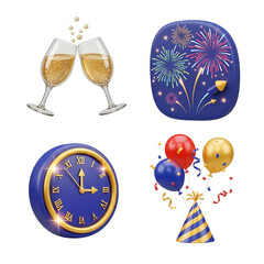 New Year's Eve celebration with champagne glasses, fireworks, clock striking midnight, and colorful balloons perfect for holiday parties