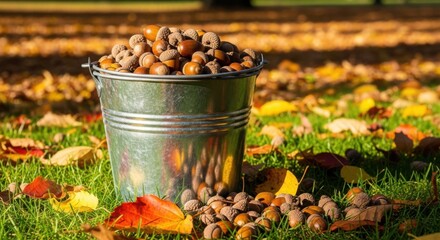 Metal bucket full of acorns on grass in autumn. Acorns fill metal bucket surrounded by fallen leaves in sunlight, a harvest scene.