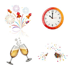 New Year's Eve celebration with fireworks, champagne glasses, confetti, and clock striking midnight, perfect for holiday parties