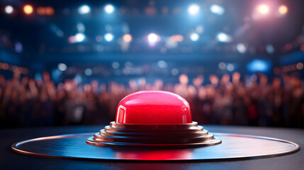 Dramatic game show scene with glowing red buzzer button in vibrant setting
