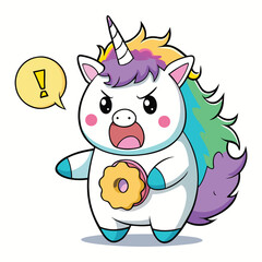 An angry unicorn with a donut around its waist is yelling with an exclamation point isolated on