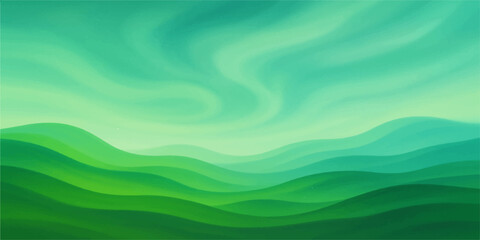 Abstract green landscape painting with rolling hills and swirling sky
