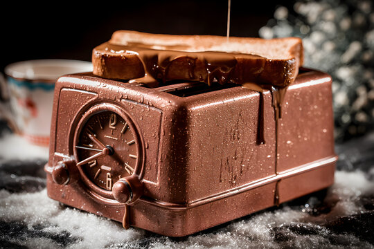 Delicious toast with melted chocolate sauce dripping from a vintage toaster - Powered by Adobe