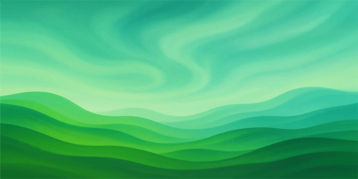 Abstract green landscape painting with rolling hills and swirling sky