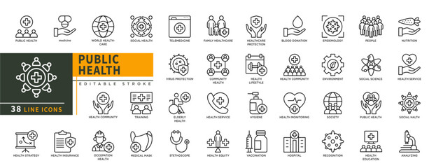 Minimalist Public Health line icons set with editable stroke, featuring Medicine, social health, telemedicine, health care protection, lifestyle, community health, hygiene. thin linear illustration.
