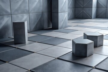 Abstract geometric interior with cubes and textured floor