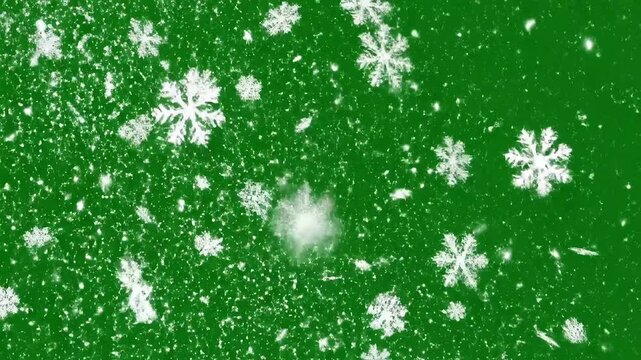Magical snowfall animation with delicate snowflakes swirling against a vibrant green backdrop perfect for winter holiday promotions