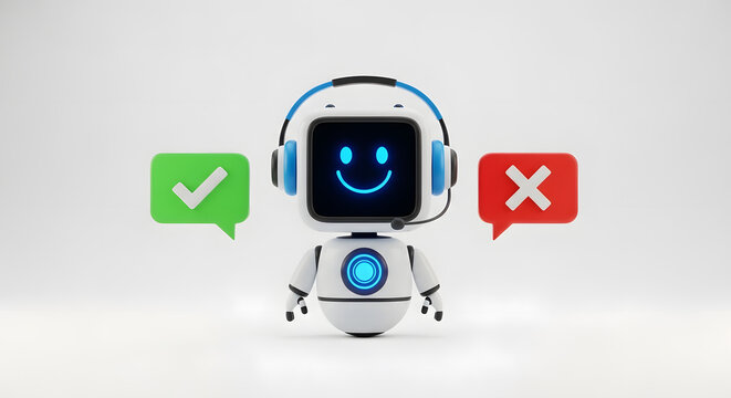 Friendly chatbot assistant wearing a headset, showing options with checkmark and cross speech bubbles