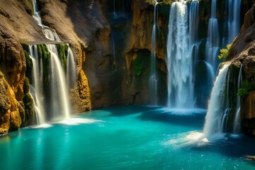Turquoise waters flowing over rocky cliffs in a lush waterfall landscape