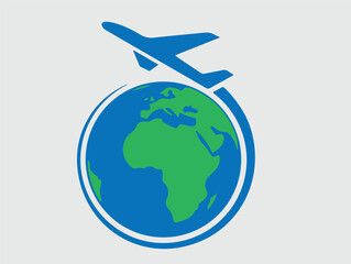 Fototapeta premium Airplane flying around the world, a blue and green globe representing travel and global connection.