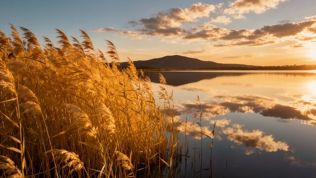 Golden reeds stand out against a calm lake and a dramatic sunset sky with clouds, with reflections of the scene mirroring perfectly on the water.